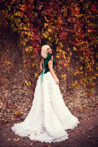 Kobieta jak księżniczka w sukienka vintage w parku bajki — Zdjęcie stockowe