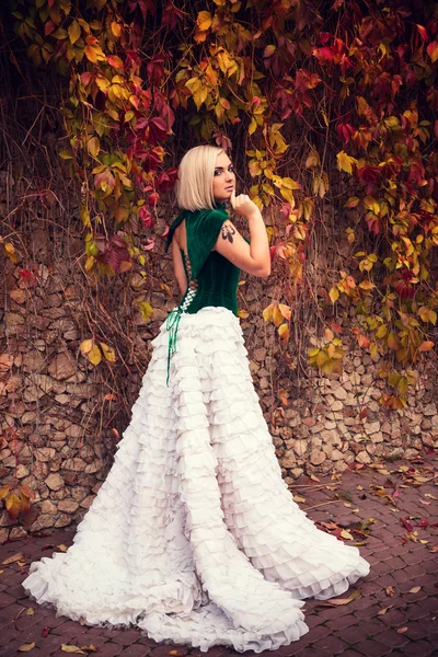 Uma mulher como uma princesa em um vestido vintage no parque de fadas — Fotografia de Stock
