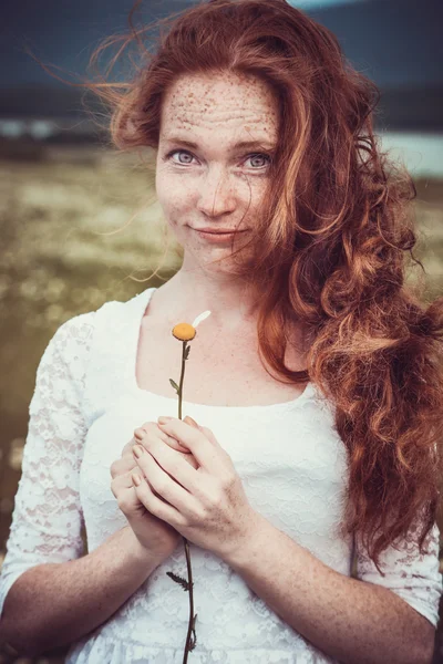 Imagen de una mujer bonita acostada en el campo de manzanilla, feliz femal — Foto de Stock