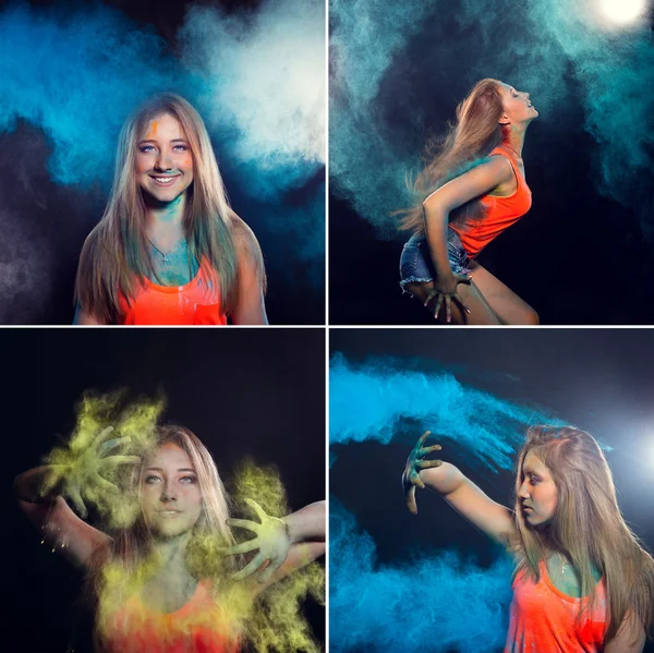 Set of girl with colored powder exploding around her and into th — Stock Photo, Image