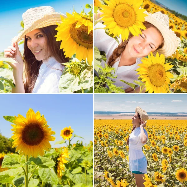 Young beautiful woman between sunflowers Royalty Free Stock Photos