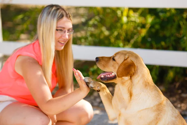 Portret van mooi jong meisje met haar hond labrador retriever buiten in de zomer prachtig park — Stockfoto