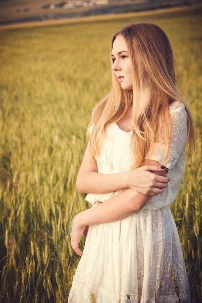 Gesunde schöne Frau, die draußen geht. Verführerische junge Frau im Weizenfeld, zarte sinnliche Frau in der Natur. perfekte Haut, lockiges Haar. — Stockfoto