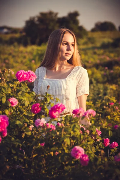 Krásná žena v zahradě s růží při západu slunce — Stock fotografie