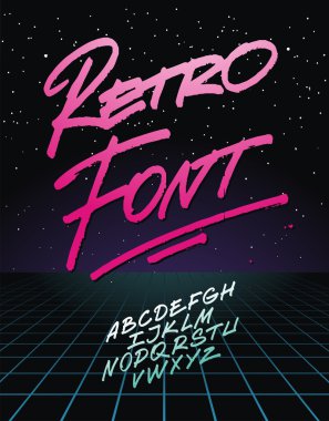Retro font on light grid background. Vector alphabet clipart