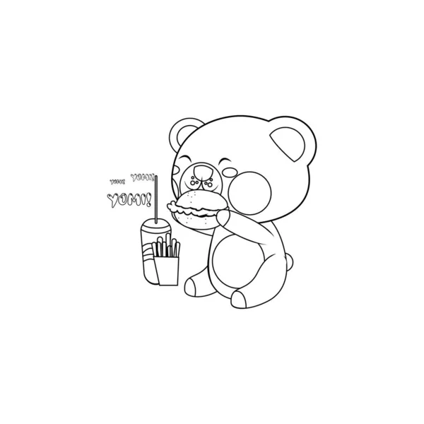 Urso feliz isolado desenhos animados comendo um hambúrguer — Vetor de Stock