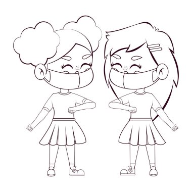 Çocuklar el sallıyor ve maske takıyor.