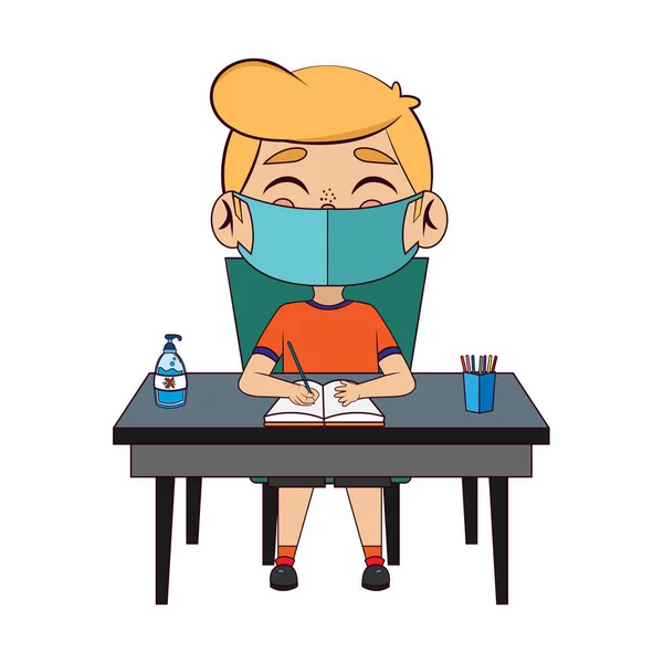 Boy studying wearing a face mask — Stock Vector