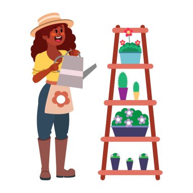 Bitkileri sulayan yalnız bir kadın.