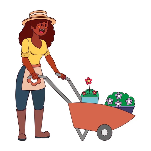 Woman with flowers in a wheelbarrow — Stock Vector
