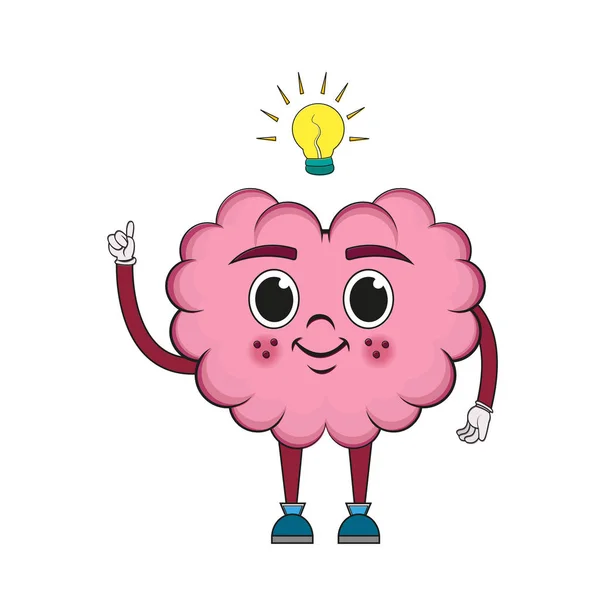 Cérebro de desenhos animados com uma lâmpada de ideia —  Vetores de Stock