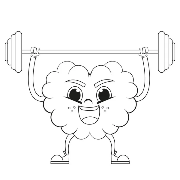 Isolierte Karikatur eines Gehirns, das Gewichte stemmt — Stockvektor