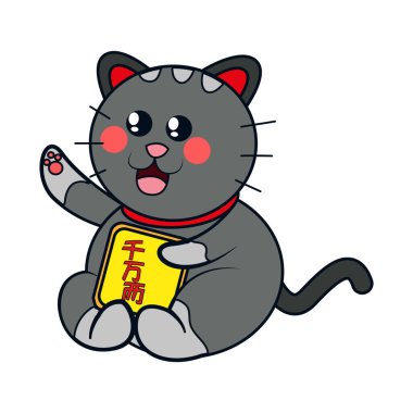 İzole edilmiş Kawaii Asya kedisi. Neko bir elini kaldırdı.