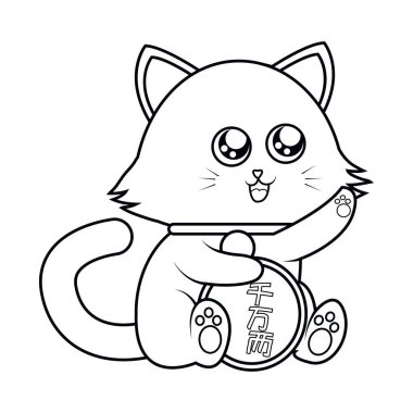 İzole edilmiş Kawaii Asya kedisi. Neko bir elini kaldırdı.