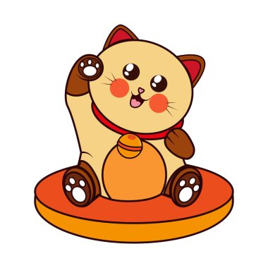 İzole edilmiş Kawaii Asya kedisi. Neko bir elini kaldırdı.