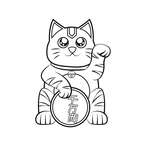 Isolado kawaii asiático gato. Neko com uma mão para cima — Vetor de Stock