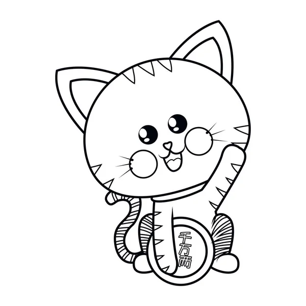 Gato asiático kawaii aislado. Neko con una mano arriba — Vector de stock