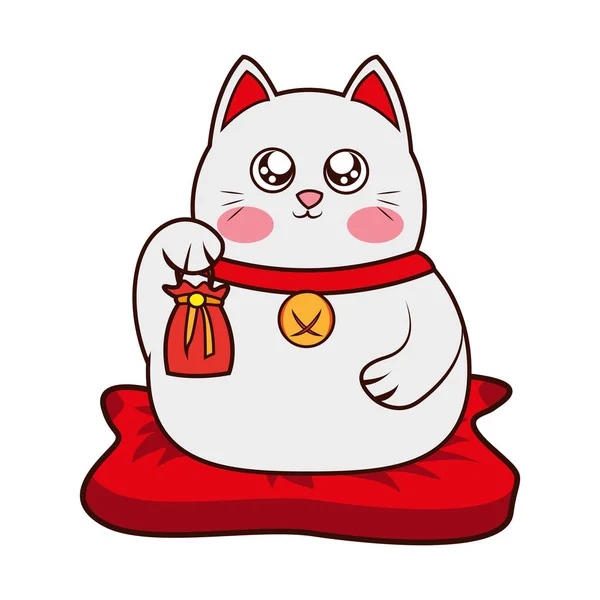 Gato asiático kawaii aislado. Neko con una mano arriba — Vector de stock