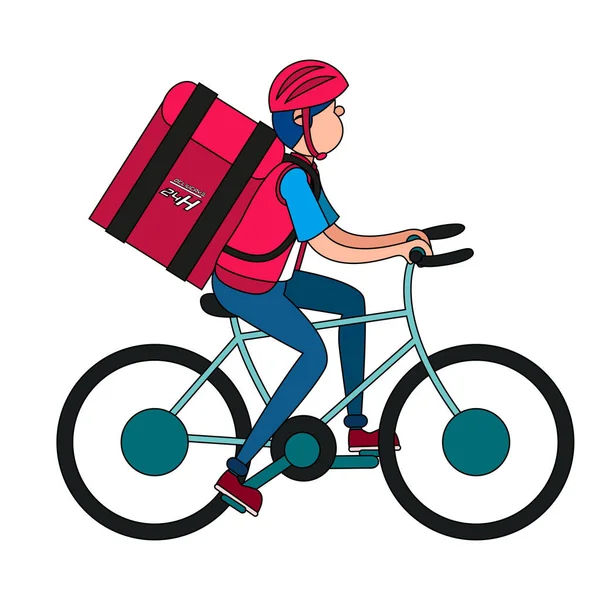 Isolerad leverans kille med ett paket på en cykel — Stock vektor