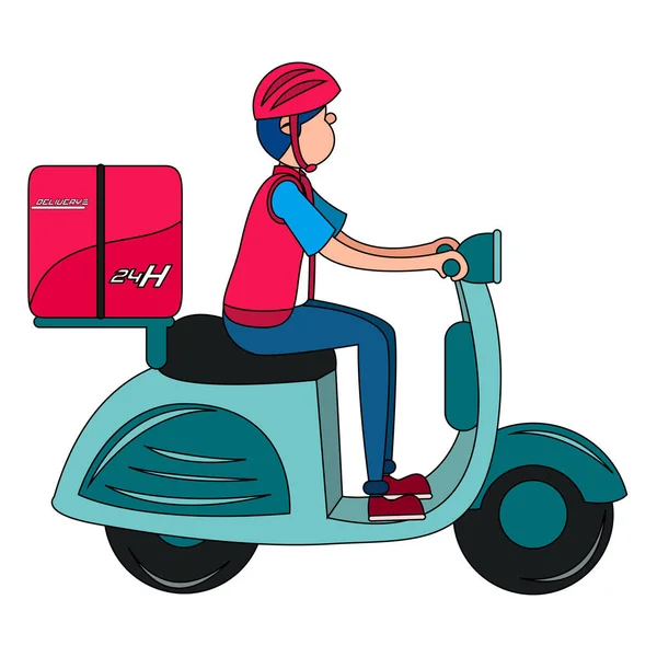 Fattorino isolato con un pacco su una moto — Vettoriale Stock