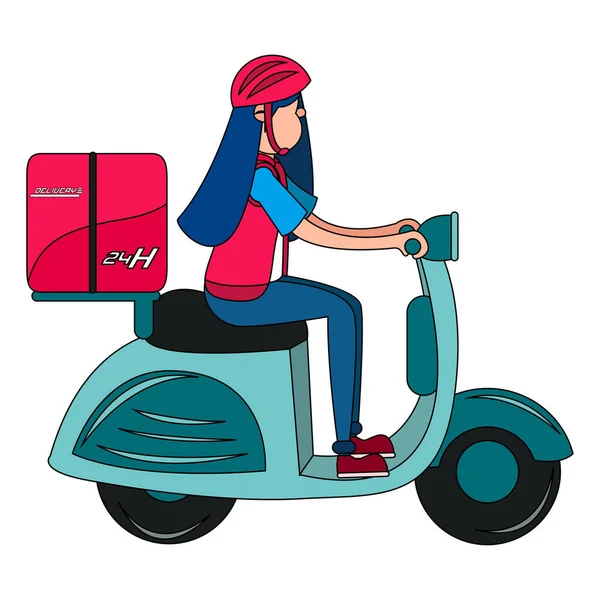 Chica de entrega aislada con un paquete en una motocicleta — Vector de stock