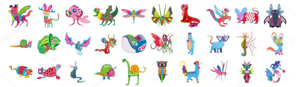 Set of different mexican alebrije characters