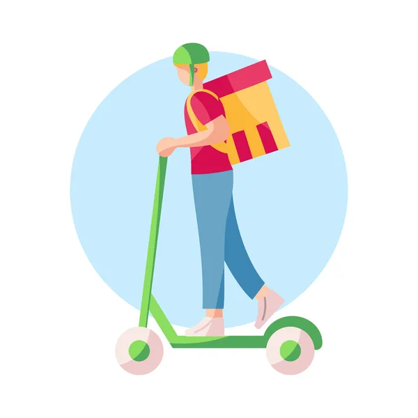 Isolated delivery boy with a package on a scooter — Stock Vector