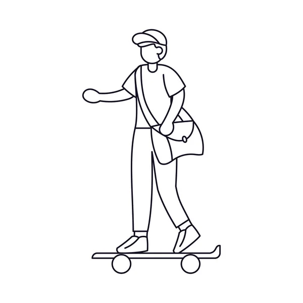 Ragazzo consegna isolato con un pacchetto su uno skateboard — Vettoriale Stock