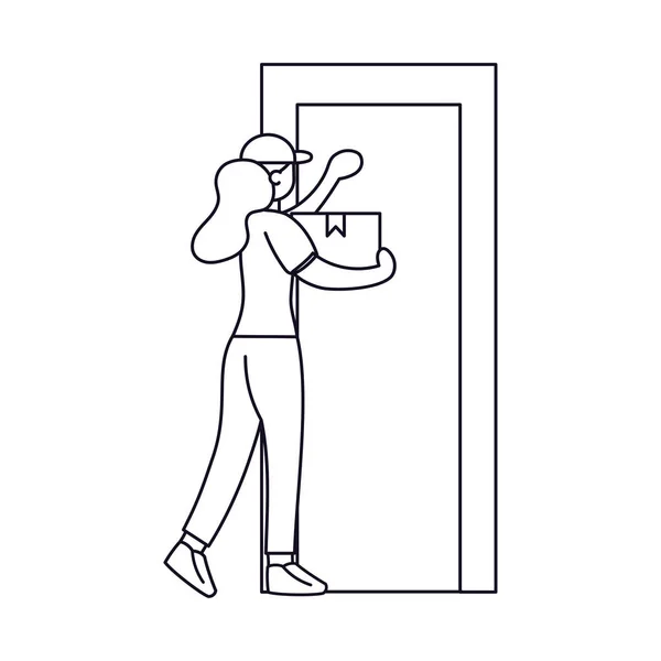 Isolierte Zustellerin mit einem Paket, das an eine Tür klopft — Stockvektor