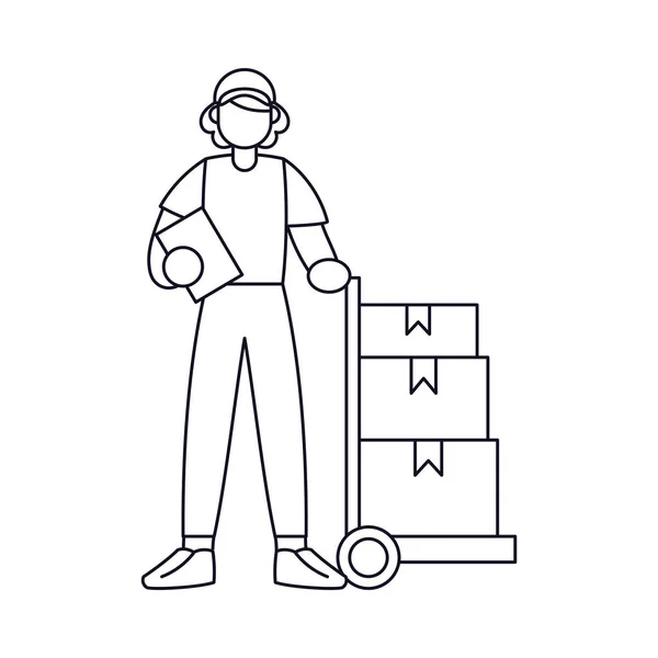 Entrega isolada cara com um carrinho de pacote —  Vetores de Stock