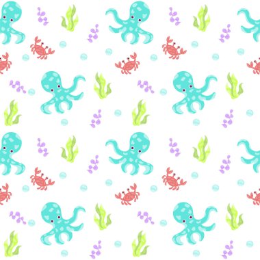 Ahtapot ve balıklarla renkli deniz kabuğu deseni