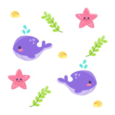 Balinalar ve deniz yıldızlarıyla renkli deniz kabuğu deseni