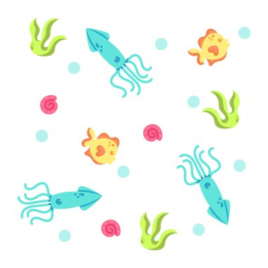 Mürekkep balığı ve balıklarla renkli deniz kabuğu deseni