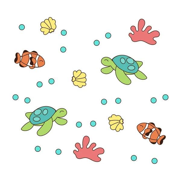 Colored sealife pattern with turtles and fishes — Stock Vector