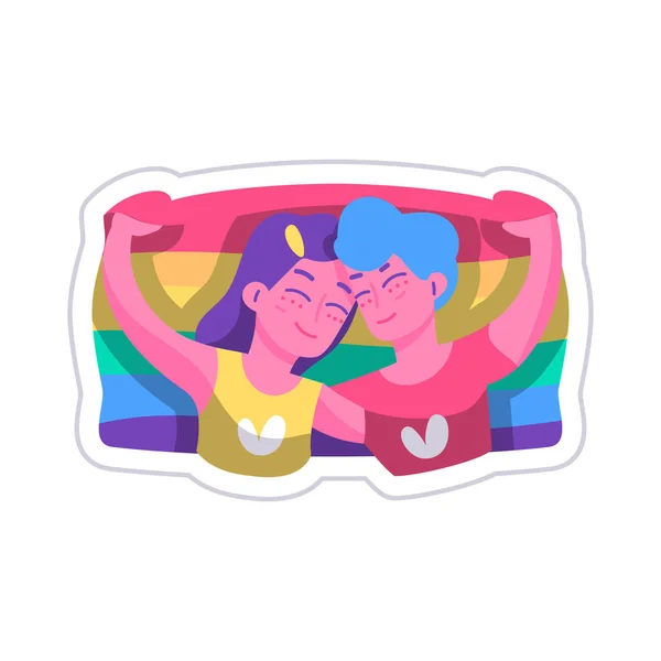 Aislado feliz pareja sosteniendo una bandera lgbt — Vector de stock