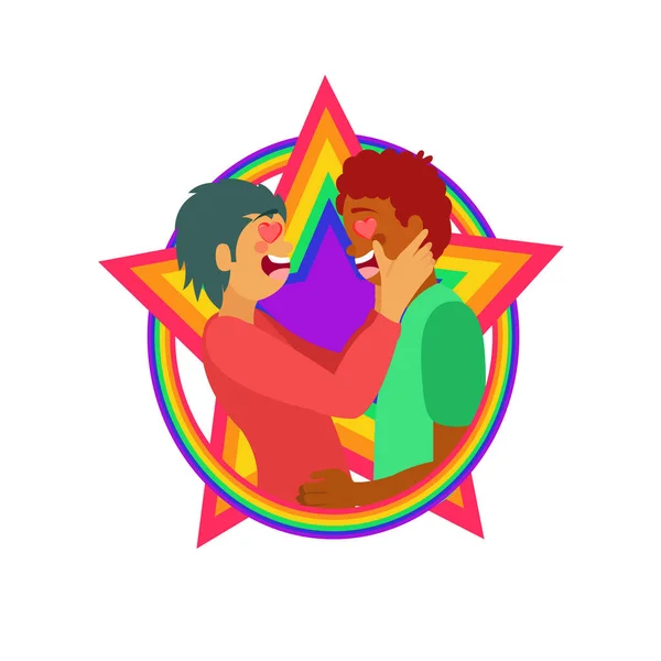 Ευτυχισμένο ομοφυλόφιλο ζευγάρι με ιριδίζοντα χρώματα — Διανυσματικό Αρχείο