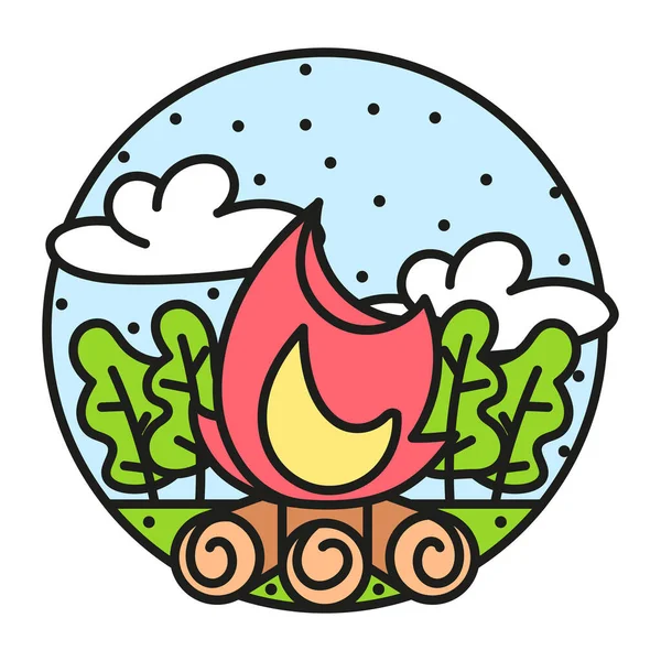 Wood fire image on a camping sticker — Stock Vector