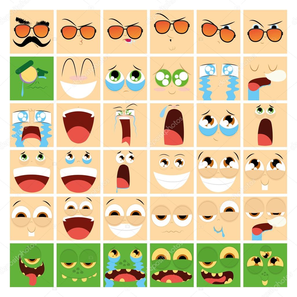 A set of fruits with facial expressions on a white background