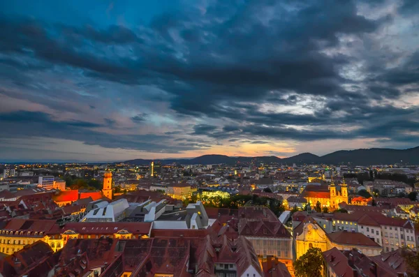Stadtbeleuchtung Von Graz Und Mariahilfer Kirche Blick Vom Schlossberg Graz — Stockfoto