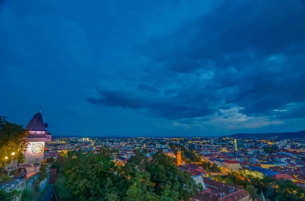 Luzes Cidade Graz Famosa Torre Relógio Colina Schlossberg Graz Região — Fotografia de Stock