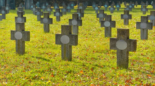 Graz, Avusturya-20 Ekim 2020: Avusturya 'nın Styria bölgesindeki merkez mezarlıkta Dünya Savaşı' ndan kalma eski askeri taşlar kesişiyor