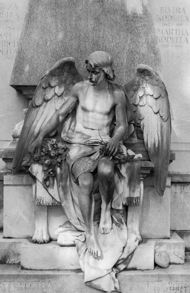 奥地利格拉茨 2020年10月20日 在奥地利施蒂里亚州格拉茨中央墓地的一座坟墓上雕刻一个石翼天使 — 图库照片