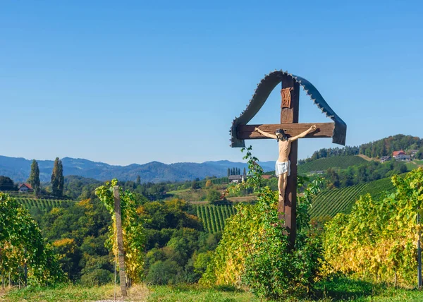 Jesus Christus Gekreuzigt Holzskulptur Entlang Der Südsteirischen Weinstraße Einer Reizvollen — Stockfoto