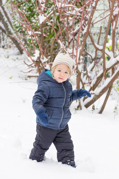 Happy child playing in the snow outdoor in winter day. Cute little toddler with warm clothes having fun in park or backyard, winter activities for kids