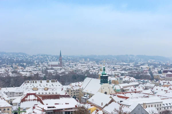 Cityscape Graz Church Sacred Heart Jesus Historic Buildings Rooftops Snow — Stock Photo, Image