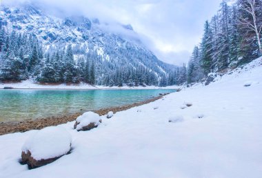 Karlı dağlarla ve Yeşil Göl 'ün berrak sularıyla muhteşem kış manzarası (Gruner bakınız), Avusturya' nın Styria bölgesinde ünlü turizm beldesi