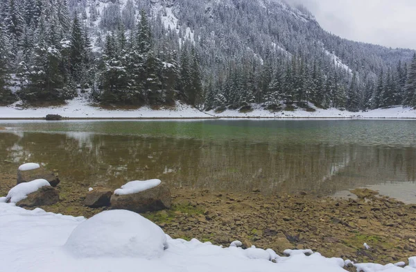 Karlı Dağlarla Yeşil Göl Berrak Sularıyla Muhteşem Kış Manzarası Gruner — Stok fotoğraf