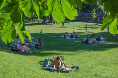 Graz, Avusturya-13 Haziran 2020: Gençler Avusturya 'nın Styria bölgesinde yaz mevsiminde parkta oyun oynuyorlar. Seçici odak.