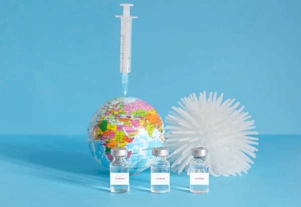 Graz, Austria-26.01.2021: Worldwide pandemic vaccination with the Moderna vaccine, beginning of mass vaccination for coronavirus, world immunization conceptual photo.