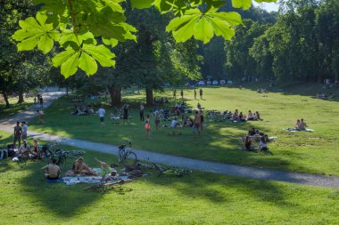 Graz, Avusturya-13 Haziran 2020: Gençler Avusturya 'nın Styria bölgesinde yaz mevsiminde parkta oyun oynuyorlar. Seçici odak.